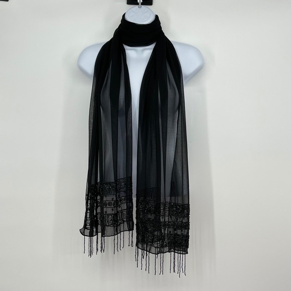 Elegant Black Beaded Scarf Formal Evening Shawl Wrap Sheer Whimsigoth Holiday - Picture 1 of 6